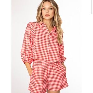 NWT Ellandemm Red Plaid Puff Sleeve Cropped Blouse Size XS Retail $48